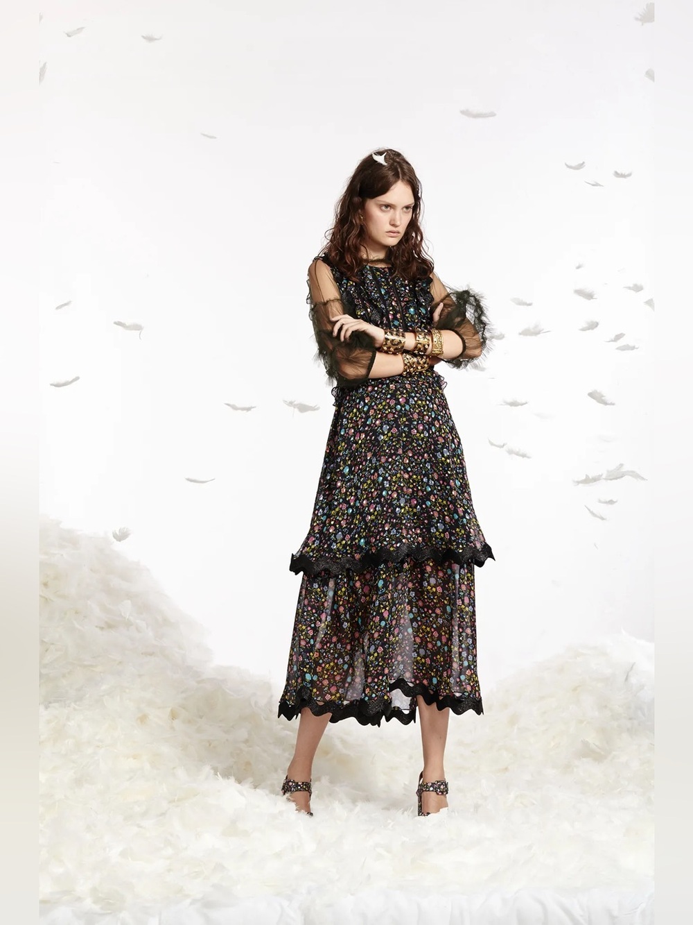 Cynthia Rowley Night Sky Layered Midi Size 8 | Black Multi Floral | Ric-Rac Trim